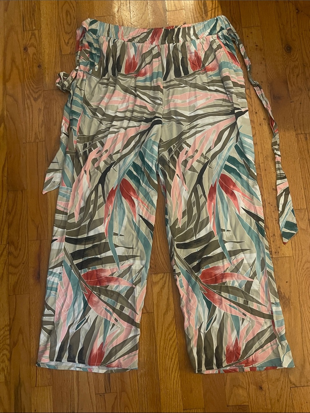 Floral Wide-Leg Tie-Waist Wide Leg in Teal, Coral & Pink